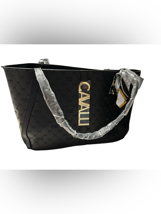 Cavalli Class Handbags - Cavalli Class Black Tote with Gold Logo Pendant and Scarf Accent